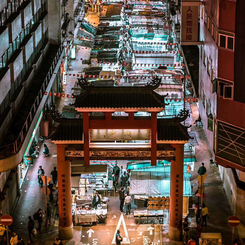 helicopter view of temple street night market